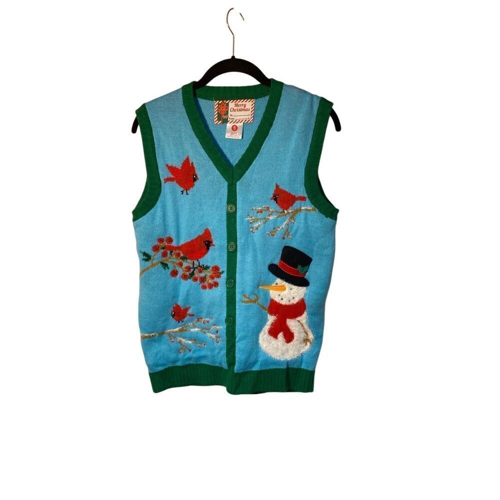 merry Christmas women’s sweater vest, V-neck cardinal, button-down s/small